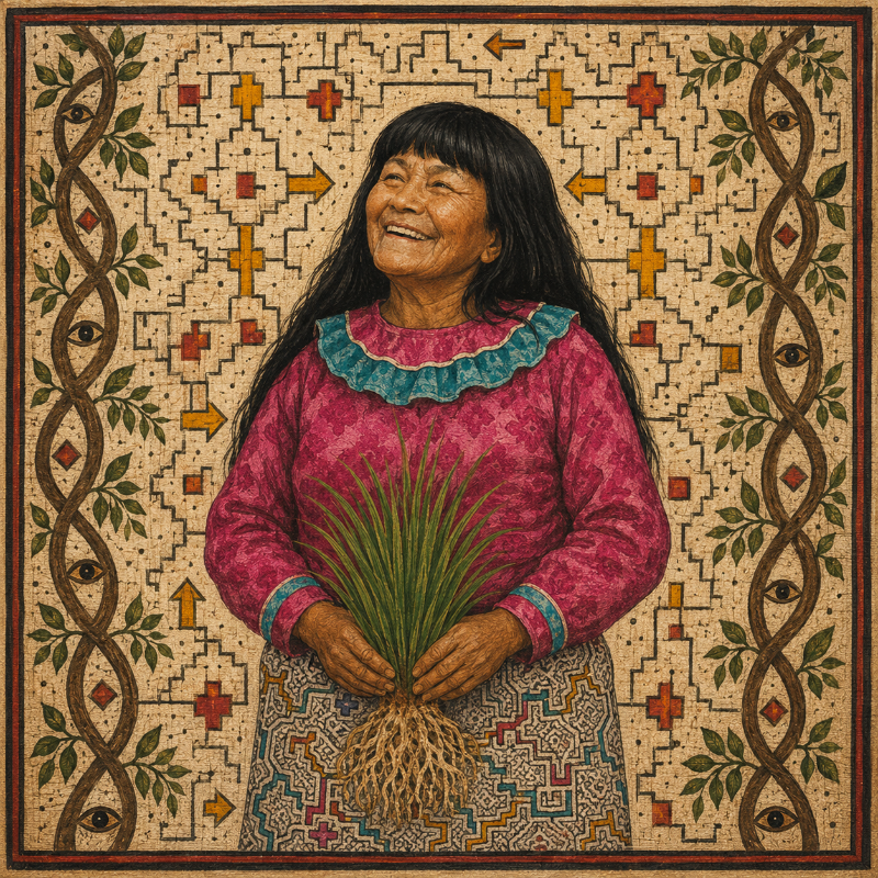 A square folk-art style illustration of a smiling woman with long black hair, wearing a pink patterned top with a teal ruffled collar and a patterned skirt, holding green grass with a root system. The background is a geometric mosaic pattern in beige with brown, orange, and red details, framed by decorative vines with eyes.